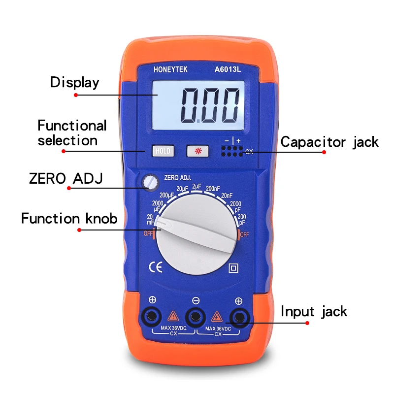 A6013L Meter Capacitance Tester 1999 Count LC With Set Of Probes Feelers 200pF-20mF Capacitor Meter Data HOLD With LCD Backlight