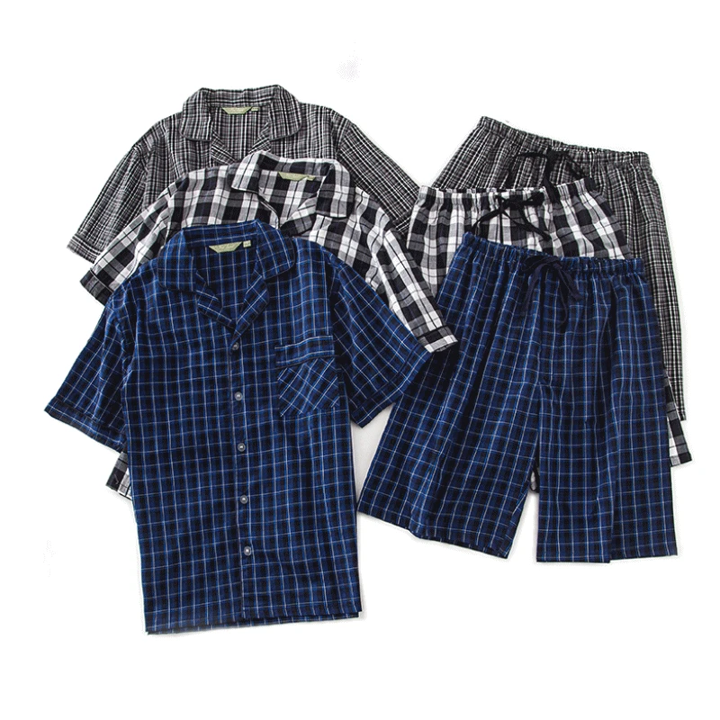 2024 Summer Men Casual Plaid Pajama Sets Male 100% Cotton Sleepwear Suit Męska odzież domowa z krótkim rękawem Bielizna nocna Zestawy piżam