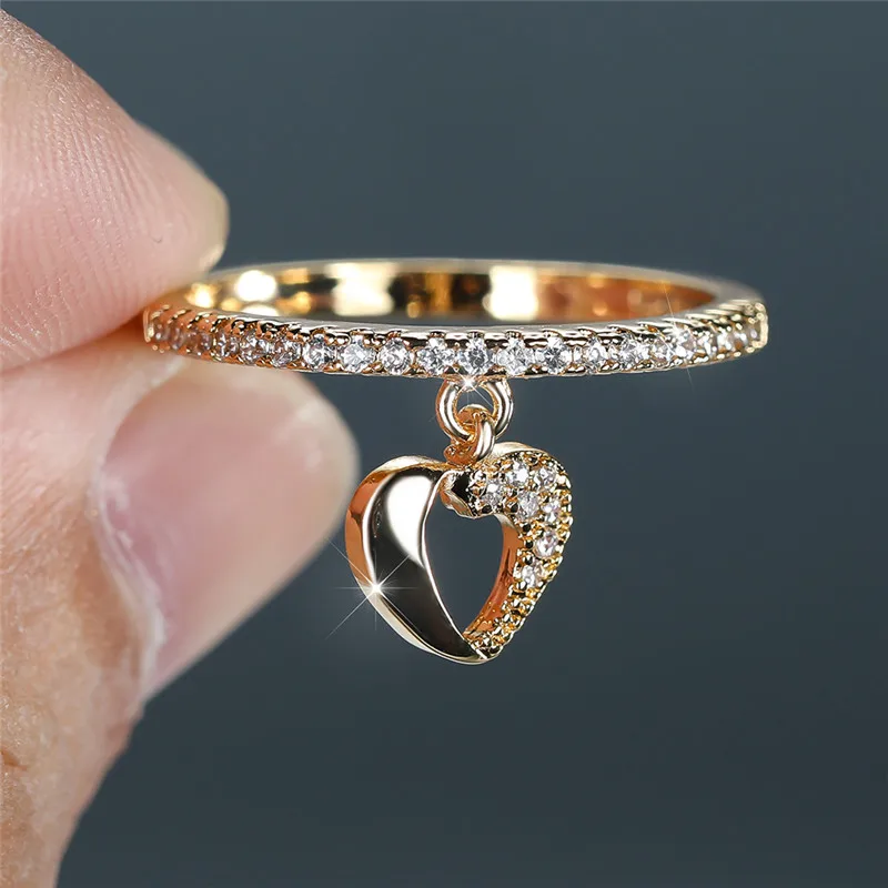 Cute Female Crystal Hollow Heart Pendant Ring Boho Gold Silver Color Engagement Jewelry Zircon Stone Wedding Rings For Women