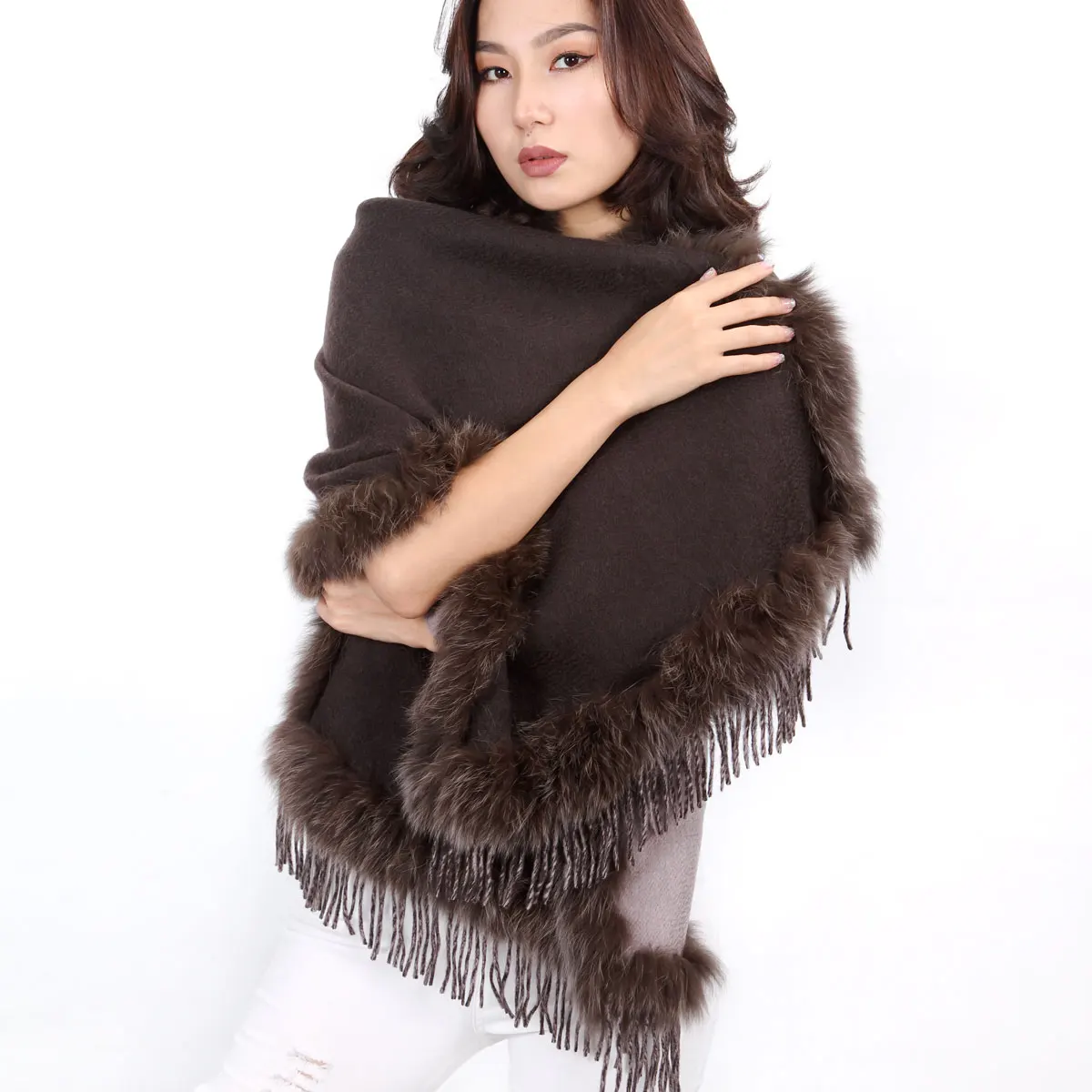 Shawls and Wraps for Evening Dresses Women 100% Cashmere with Real Fox Fur Trimmed Scarf Winter Warm Soft Luxury Capes