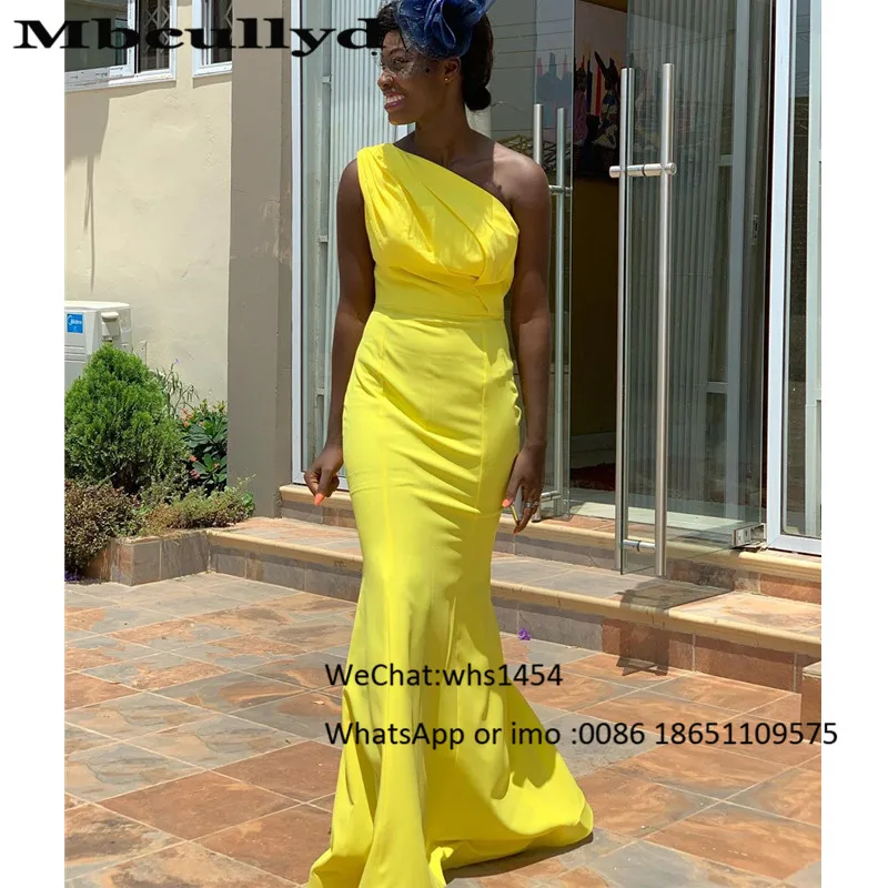 

Elegant Sexy One Shoulder Long Bridesmaid Dresses 2023 Bright Yellow Mermaid Wedding Guest Dress Formal Satin Vestido de festa