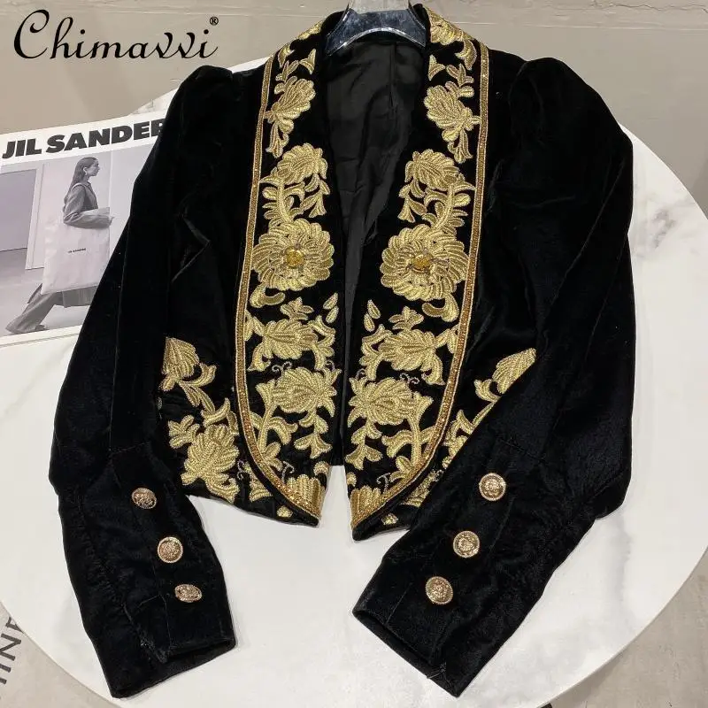 

2021 Autumn New Women's Collar Embroidered Flower Office Lady Velvet Suit Jacket Ladies Fashion Solid Streetwear Short Blazers