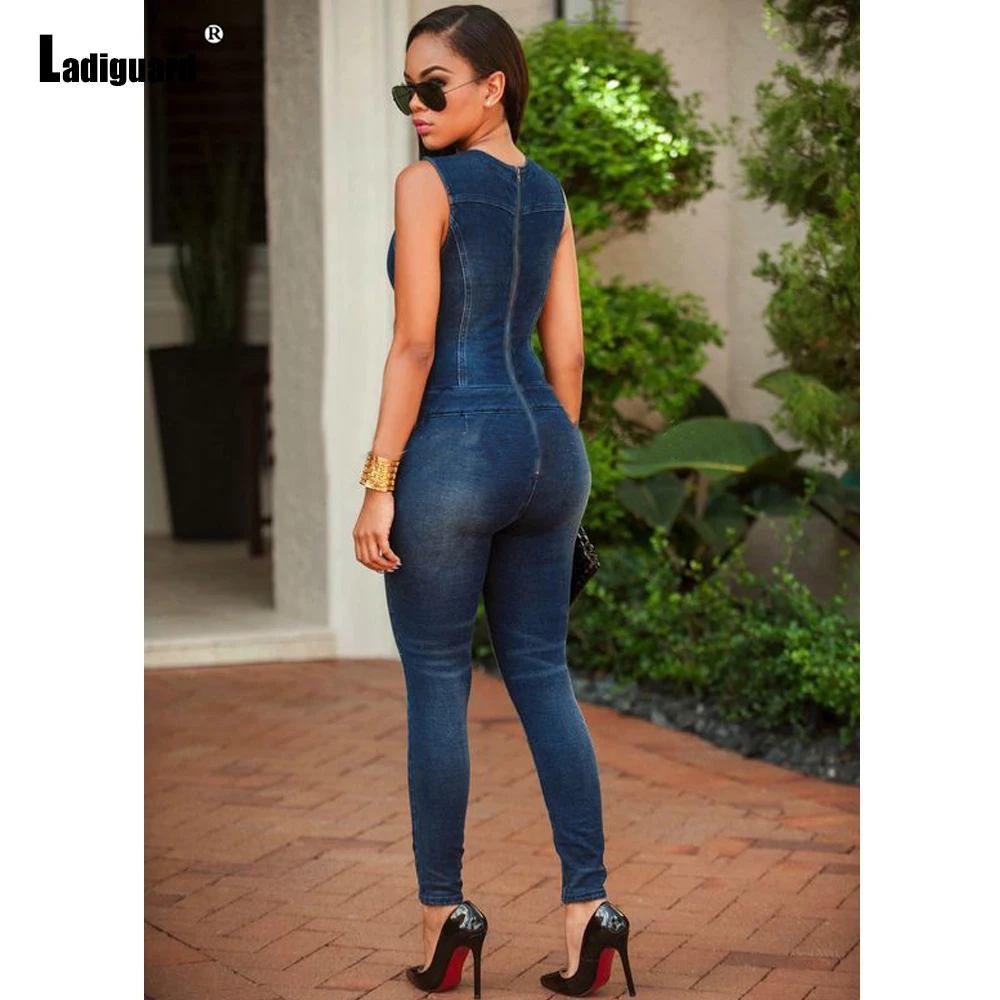 European Style Fashion Jeans Demin Jumpsuits Sleeveless Women Notched Denim Romper Skinny Trouser 2021 New Sexy Lace-Up Overalls