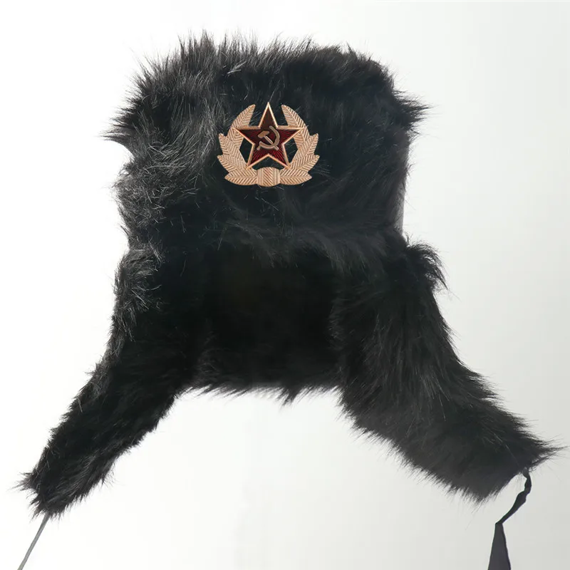 Soviet Army Military Russia Ushanka Bomber Hats Pilot Trapper trooper Hat Winter Faux Rabbit Fur Men Snow Caps Black Balaclava