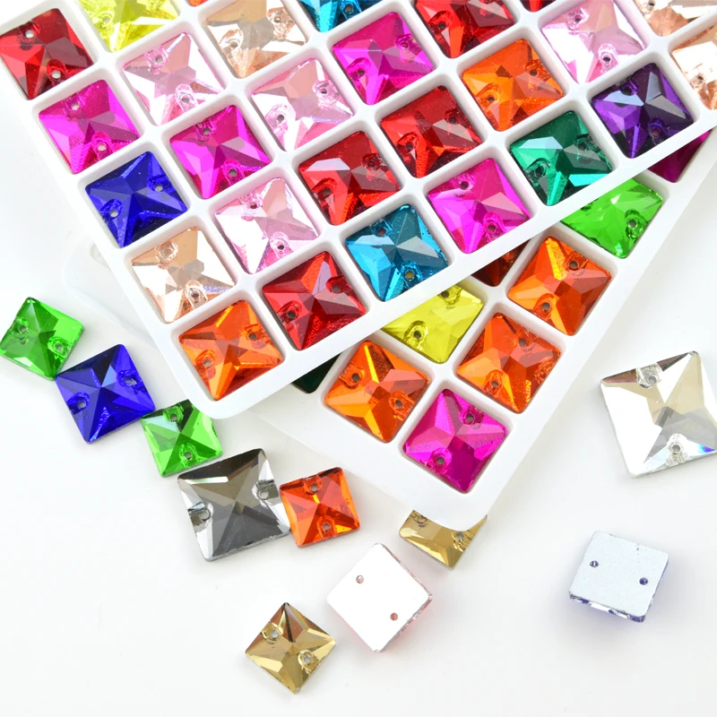 8,10,12,14,16,22mm  popular colors Square Sew on Rhinestones Glass Crystal  Flatback sew-on stone Beads Dress Craft Supplies