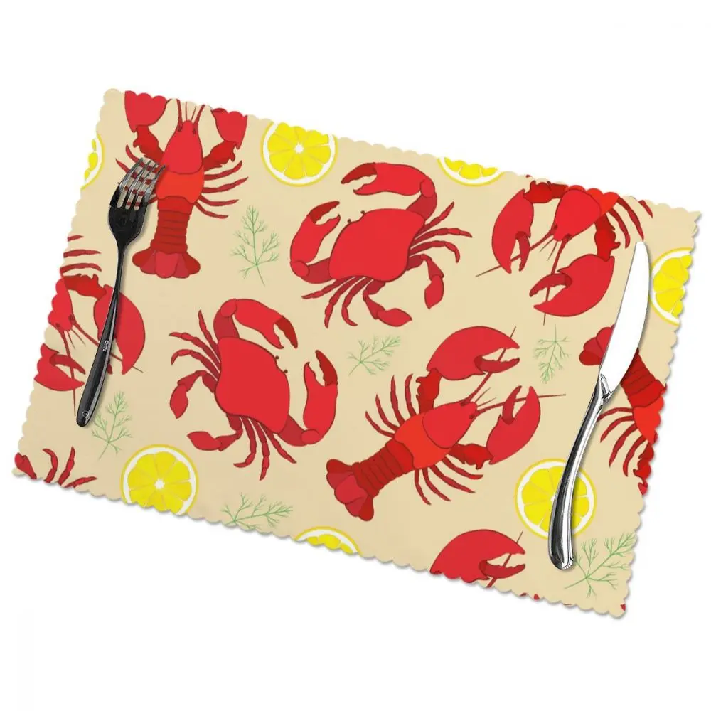 Placemat for Dining Table, Lobster and Crab with Lemon and Dill, Heat-resistant Kitchen Accessories, 6 PCs