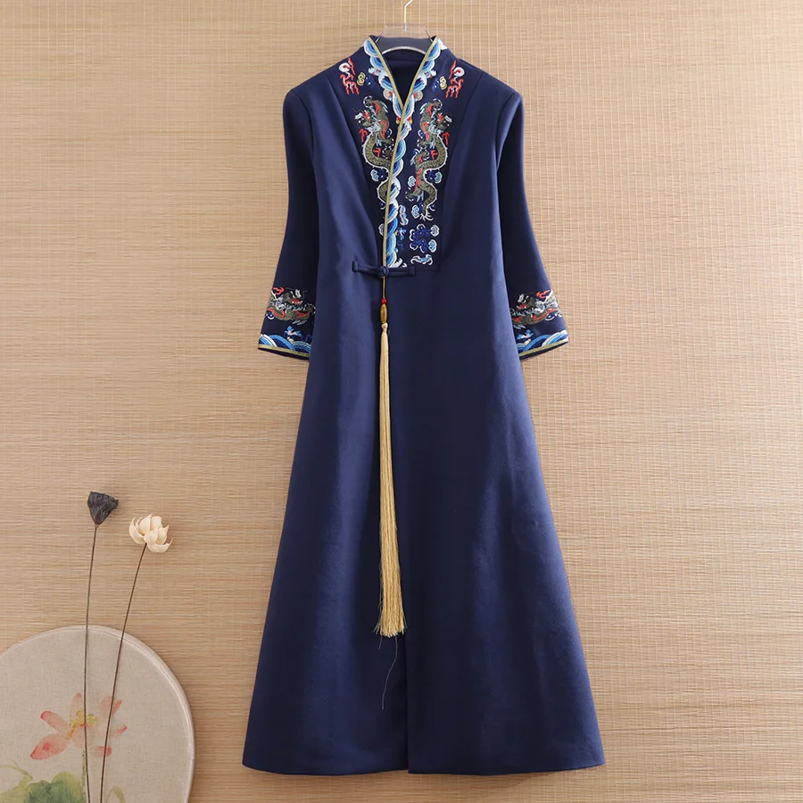 Autumn And Winter Women Parka Outerwear Retro Embroidery Tassel Elegant Lady Chinese Style Wool Trench Coat Female S-2XL