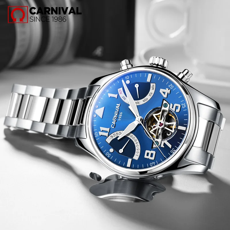 Fashion Tourbillon Mechanical Watch CARNIVAL New Automatic Watch for Men Sapphire Waterproof Calendar Luminous Relogio Masculino