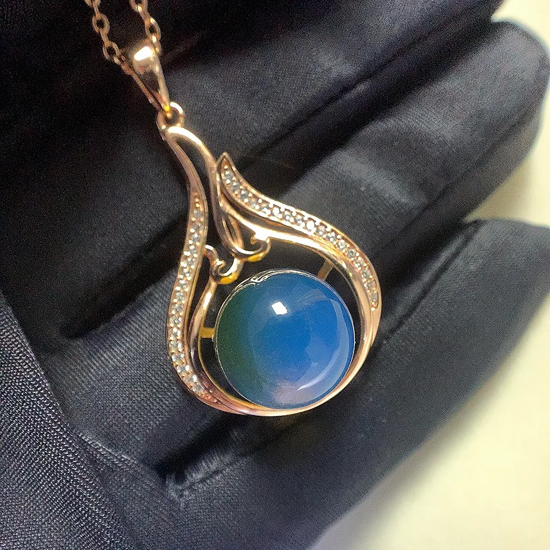 

Natural Amber Necklace Female S925 Sterling Silver Rose Gold Inlaid Blue Amber Pendant AAA Zircon Necklace Birthday Gift