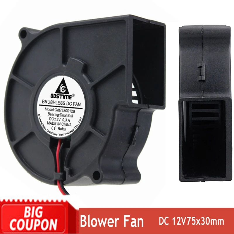 

Gdstime DC 12V 75mmx30mm 75mm Turbo Cooler Fan 0.3A 7530 Dual Ball Air Flow Cooling Blower Fan