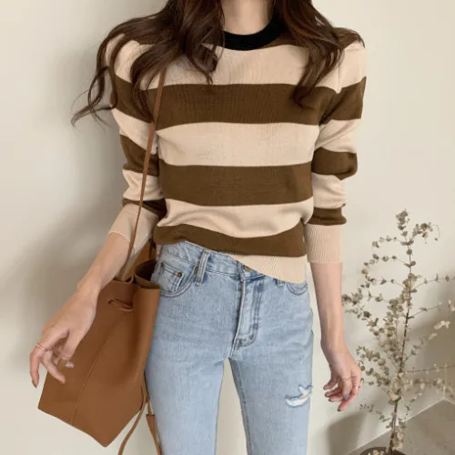 2023 Autumn Korean Knitted Striped Pullover Sweater Women Long Sleeve O-neck Vintage Fashion Casual Female Tops Sweaters