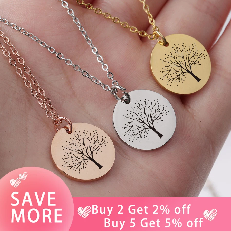 Fnixtar 10Pcs 20mm Laser Wish Tree Round Disc Pendant Necklace Stainless Steel Chain Necklace For Women's Men's Gifts Jewelry