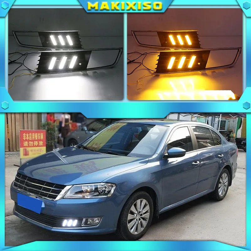 1 Pair  LED DRL Daytime Running Light For Volkswagen VW Lavida 2013 2014 with Yellow Trun Signal Light Blue Night Lamp