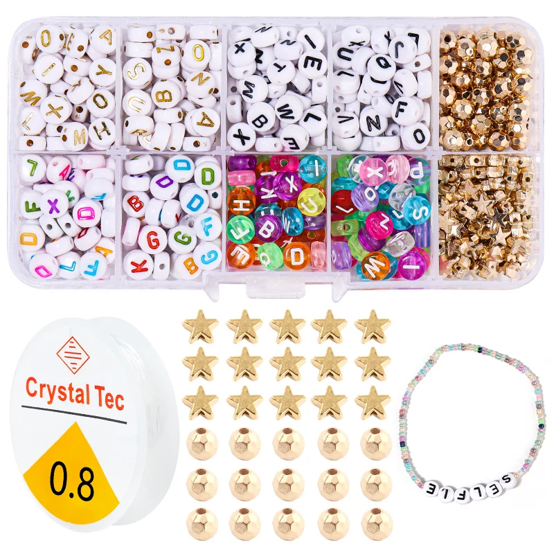 1 Box Round Acrylic English Alphabet Letter Beads Set With Stretch Cords For Name Bracelets Jewelry Making Kit For Children Gift