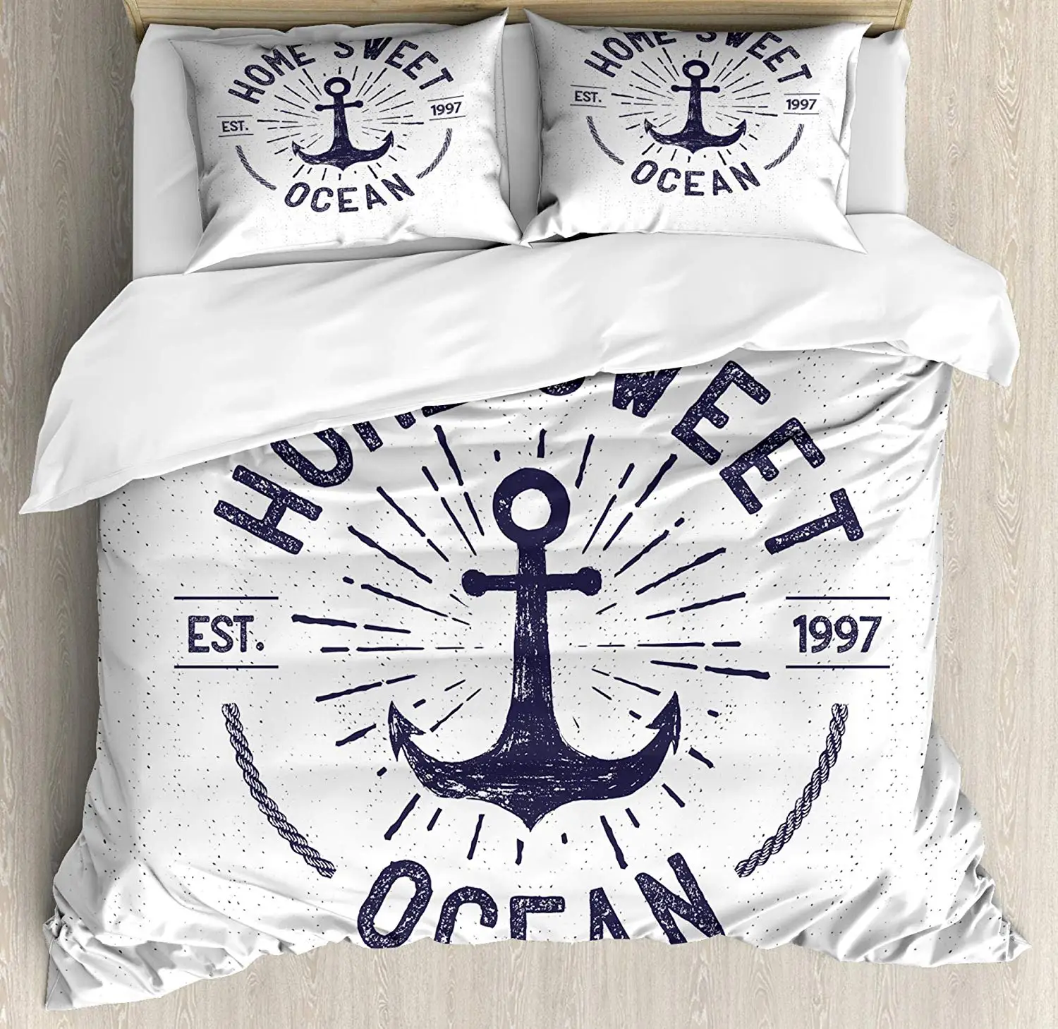 Anchor Duvet Cover Set Home Ocean Lettering on a Nautical Sketch with Worn Out Background Decorative 3 Piece Bedding Set