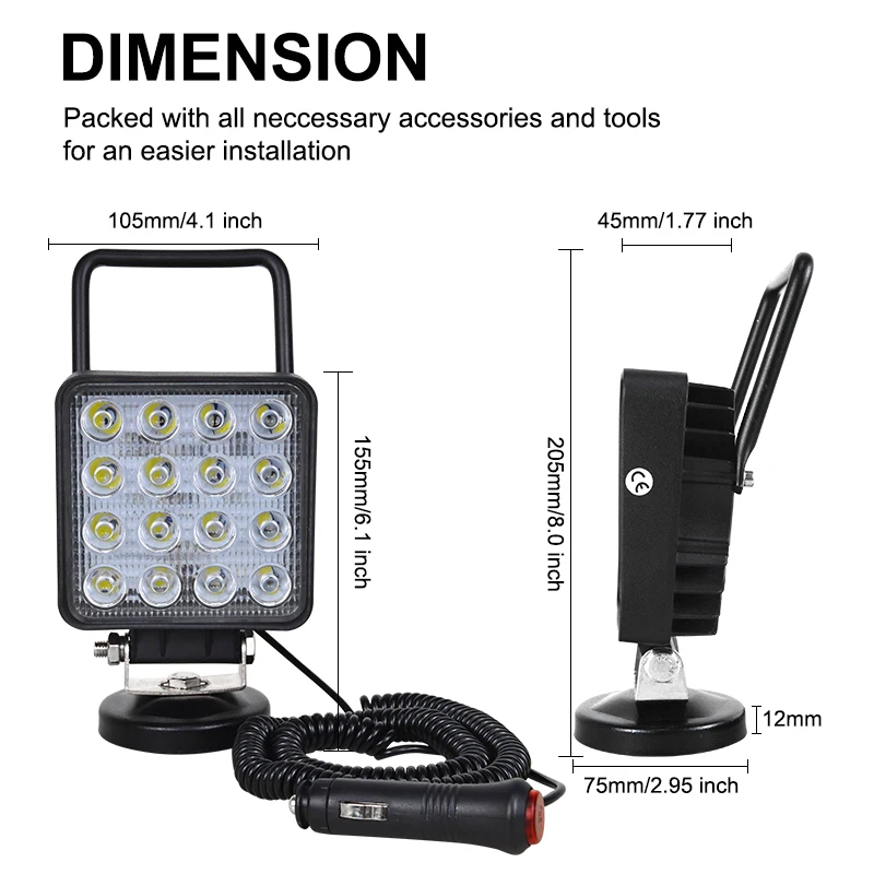 Auxtings 4.1in Portable Square 48W Flood Spot Magnetic Base Led Work Light Car Truck Driving Offroad 4WD 4x4 SUV ATV 12V 24V