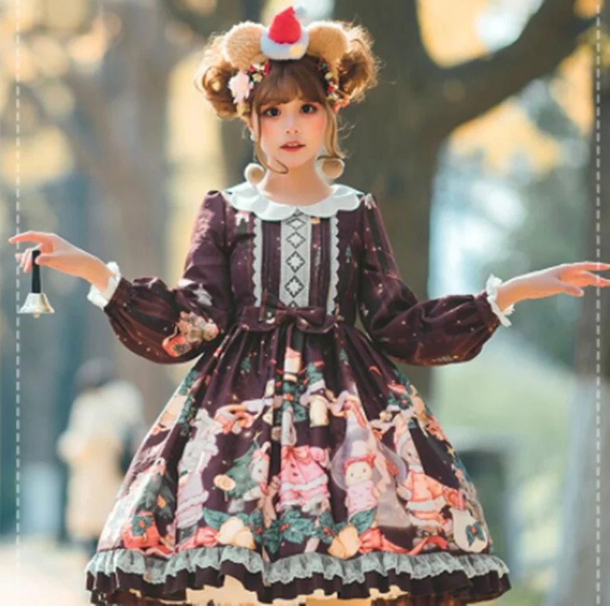 Robe gothique lolita op pour filles, douce, princesse, vintage, col en pétales, nœud papillon, imprimé, taille haute, robe victorienne