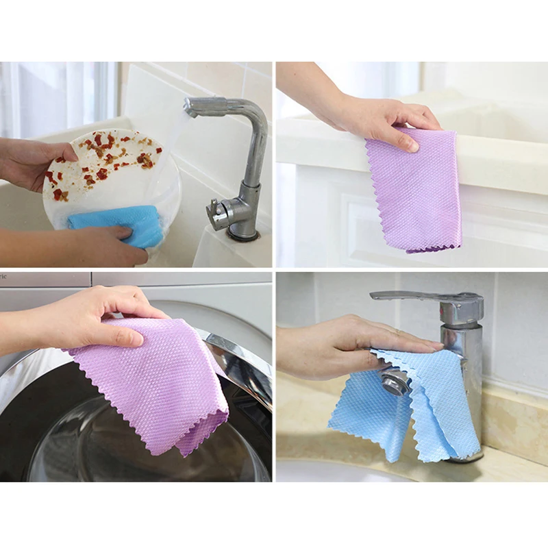 5Pcs Kitchen Microfiber Cleaning Cloth Anti-grease Wiping Rags Efficient Fish Scale Wipe Cloth Home Washing Dish Cleaning Towel