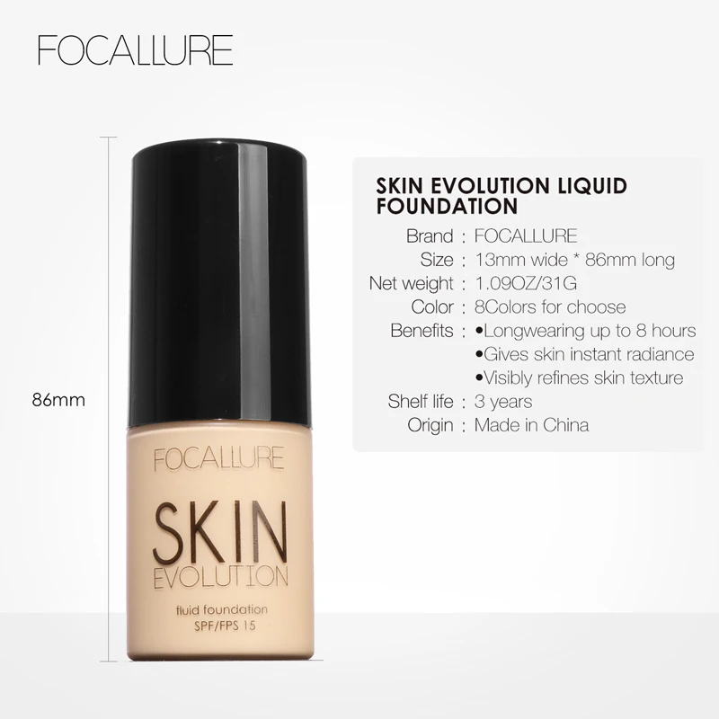 Foucallure Full Coverage Face Liquid Foundation 8 Colors Makeup Base BB Cream Oil-Control Face Foundation Long Lasting