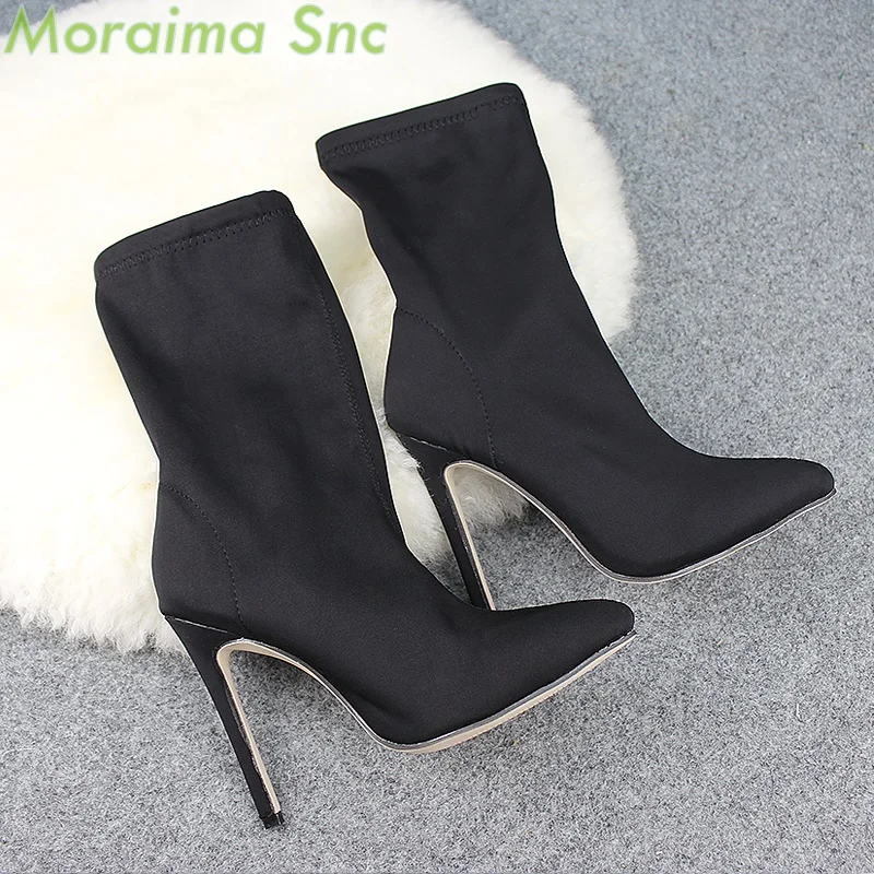 

Moraima Snc Women Shoes Pointed Toe Elastic Boots Candy Color Cloth Solid Slip on Thin High Heel Socks Boots Thin High Heels