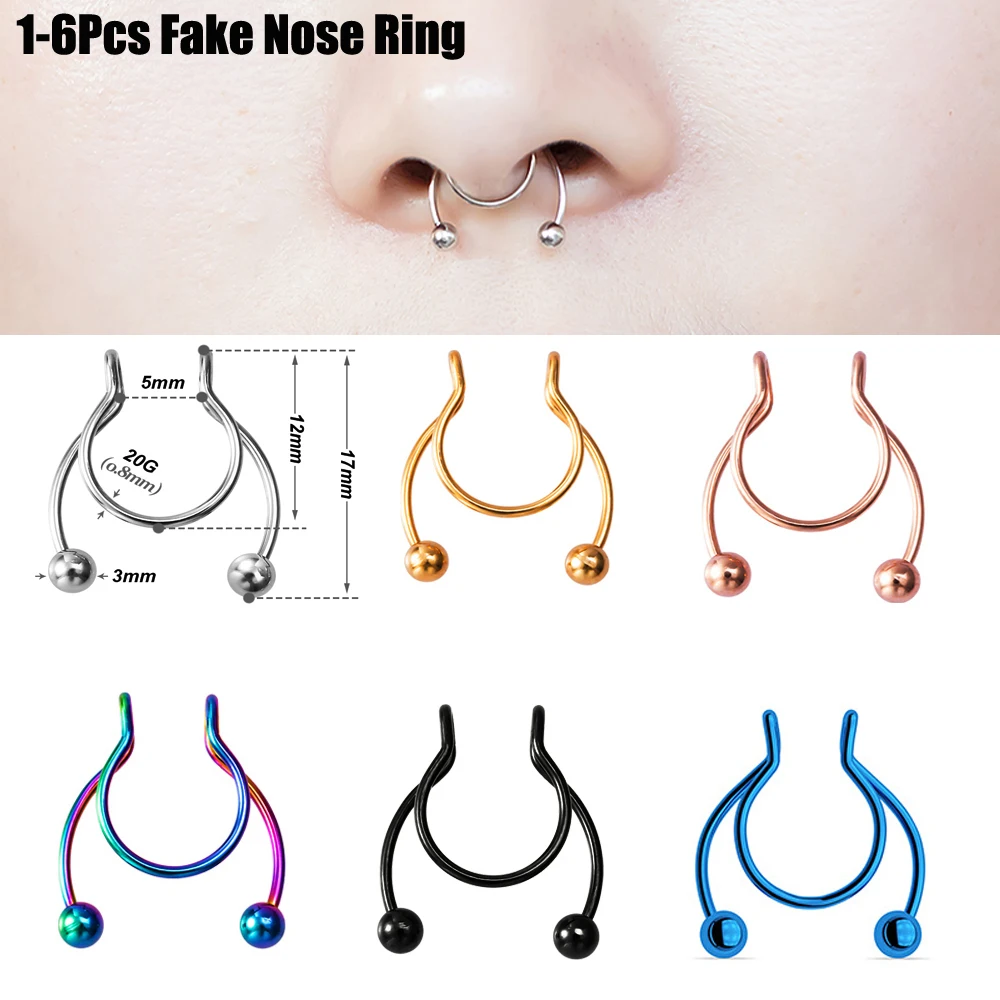 1-6pcs New Fake Nose Nose Ring Hoop Septum Rings Piercing Surgical Steel Colorful Cheater Nose Lip Labret Body Jewelry 20G