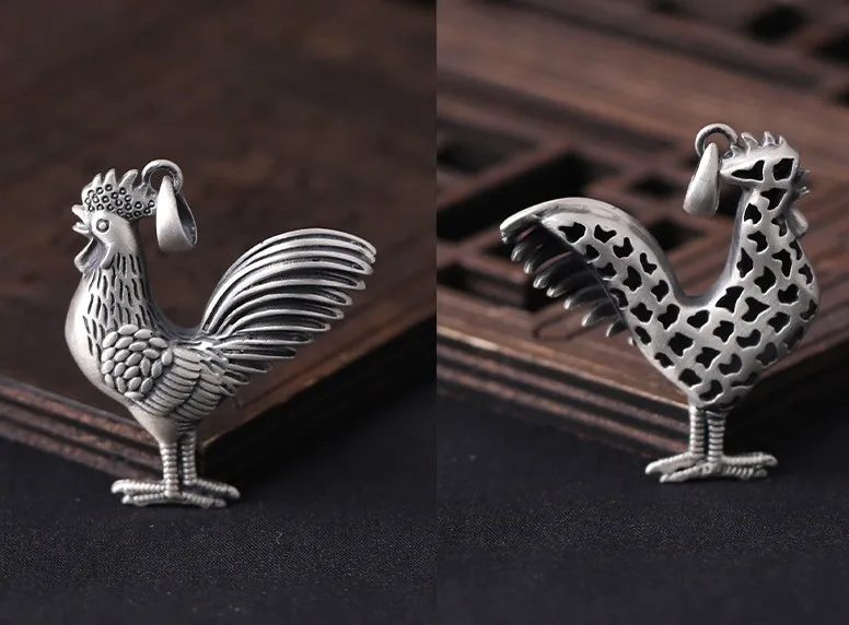 stereoscopic hollow out personality zodiac chicken necklace hang drop s925 pure silver jewelry pendants men and women