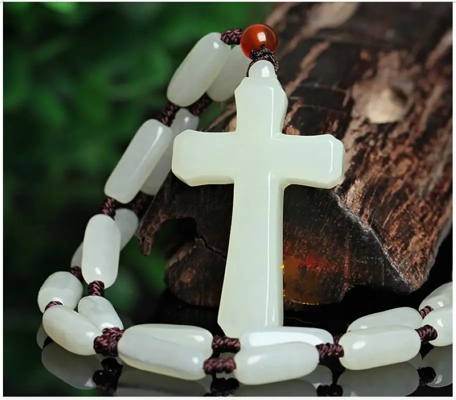 Pray Nature milk color jade Pendant cross Amulet crucifix hanging Mala Bead Necklace TALISMAN