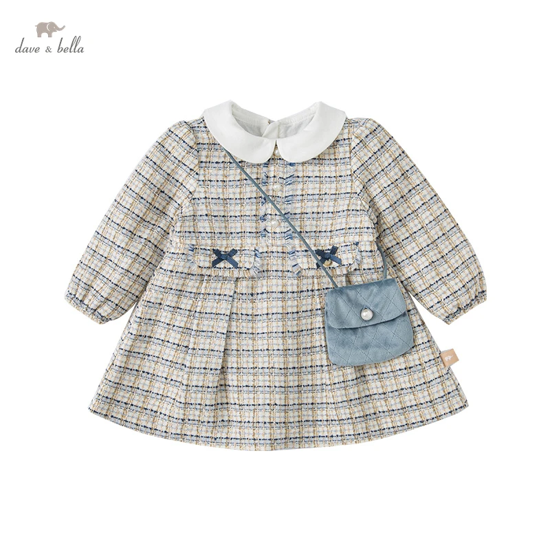 DB1220552 dave bella spring baby girls fashion plaid dress with a small bag party dress children girl infant lolita 2pcs clothes