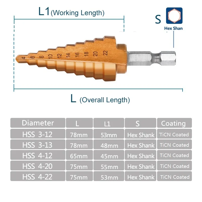 CMCP Step Cone Drill 3-12/13 4-12/20/22mm Core Drilling Tools Hex Shank TiCN Coated Hole Cutter HSS Step Drill Bit