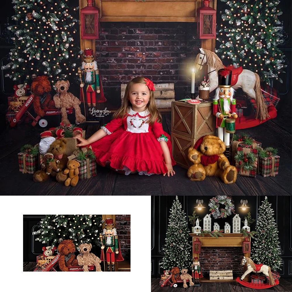 Christmas Newborn Photography Backdrop Brown Brick Wall Wreath Christmas tree Background Toy horse child Decor Banner