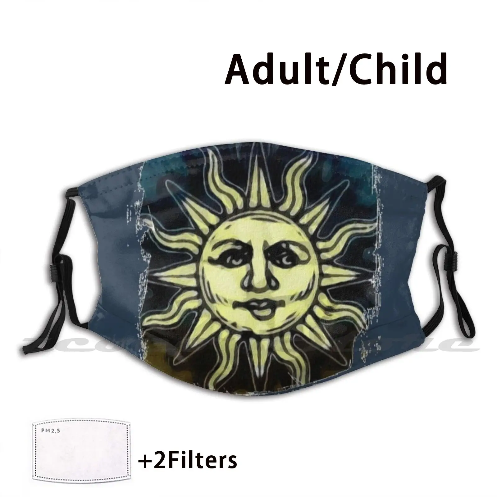 

The Sun Mask Diy Washable Filter Pm2.5 Mouth Trending Sun Watercolor Tarot Blue Orange Fun Outline Sunny