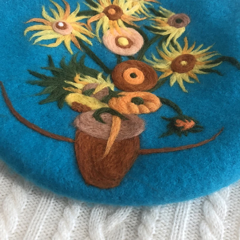 Faramita Holiday Van Gogh Famous Painting Sunflower Women Blue Hat Hand Made Girls Wool Berets Manual Art Caps Hat Painter Beret