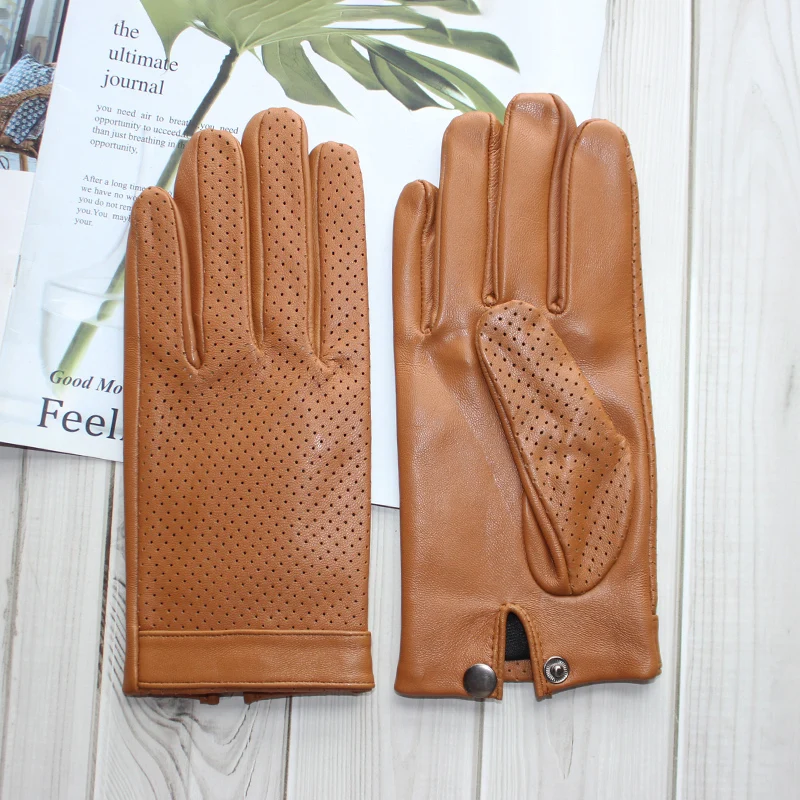 High-end new products fashion men\'s sheepskin gloves touch screen mesh breathable thin silk riding leather gloves autumn