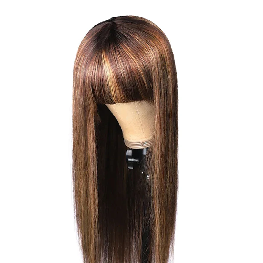 Remy Human Hair Wig Straight Neat Bang Light Brown Women Peruvian Hair Women's Medium Brown  Strawberry Blonde women Daily wig