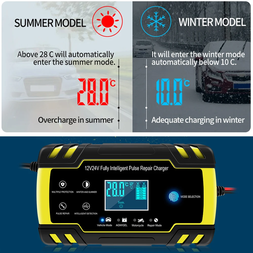차량용 배터리 충전기, 완전 자동 고속 충전 펄스 수리, 지능형 디지털 디스플레이, 납산 충전 충전기, 12 V, 24V, 4 8A