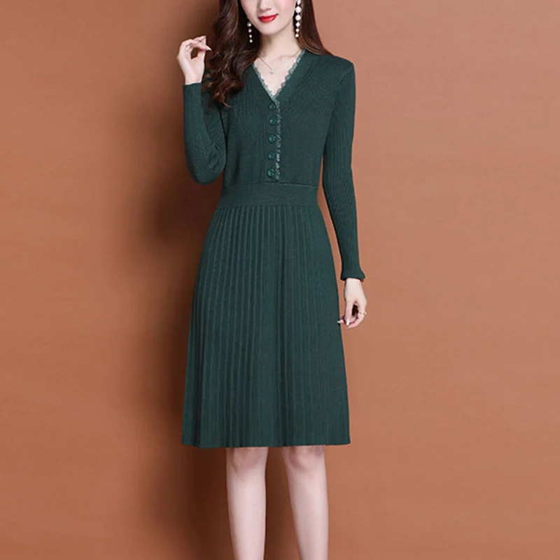 Knitted Long Sleeve Dress Women 2021 Slim Bodycon Autumn Korean Elegant Fall Winter Button V Neck Sweater Midi Pleated Dress 130