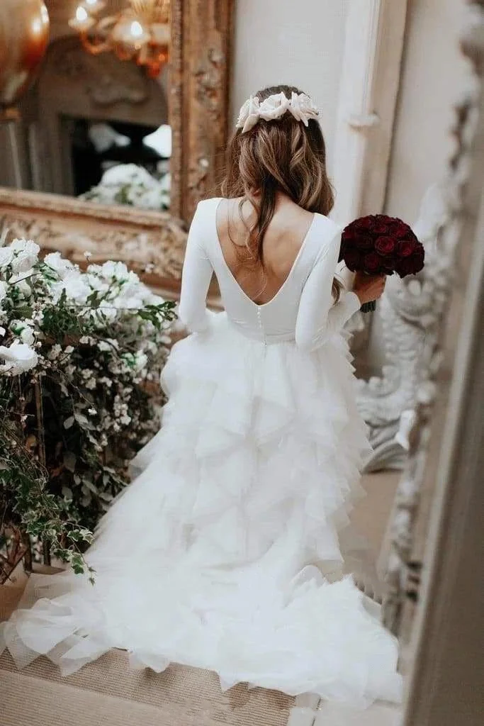 Robe de mariée blanche en Tulle à manches longues, avec ourlet, dos nu, coupe trapèze