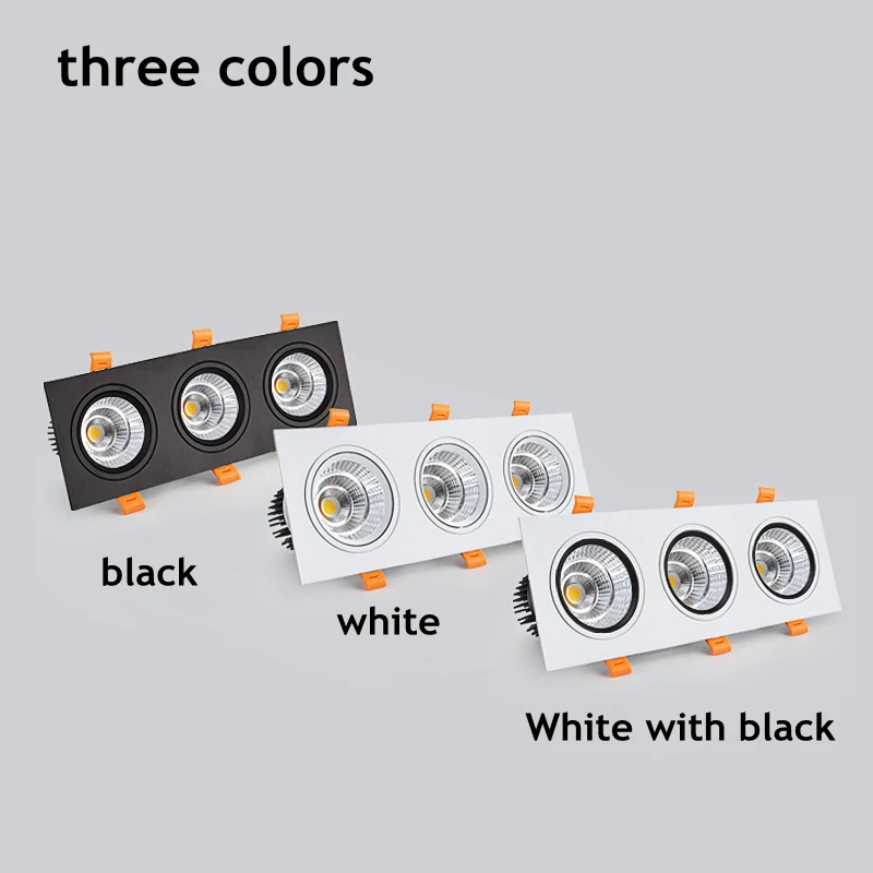 Three Head COB LED Downlight, Dimmable Square Spotlight, Indoor Lighting, 3x 7W, 3x10W, 3x12W, 3x15W, AC85 ~ 265V