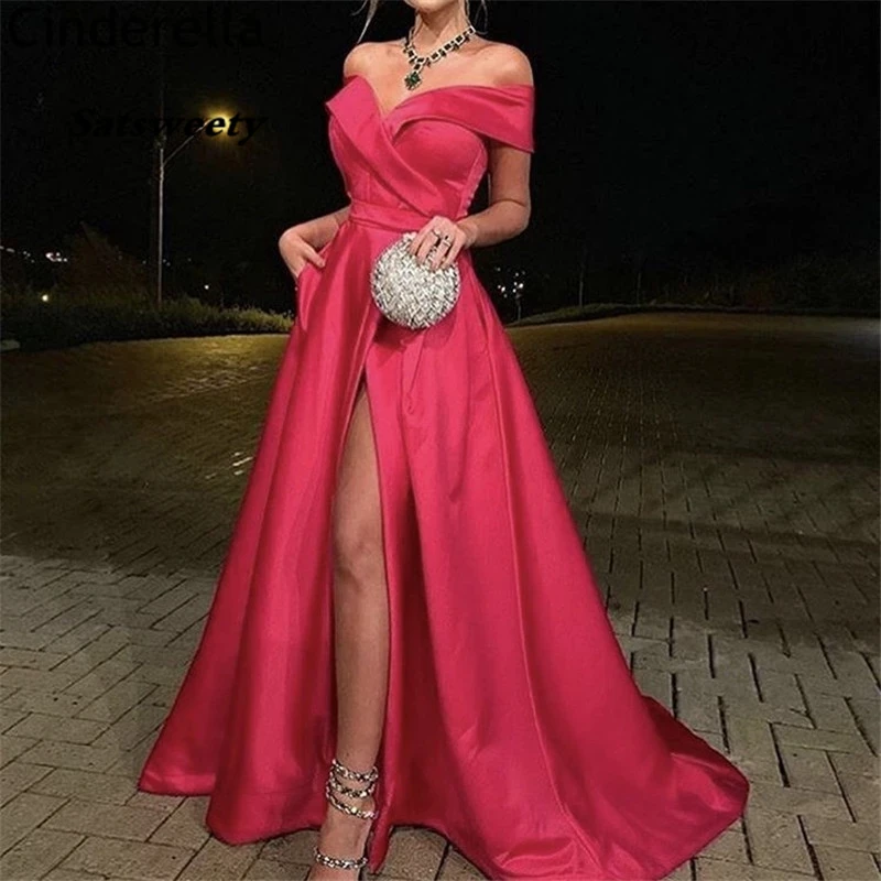 Vestidos de Fiesta sexys de satén plisados con hombros descubiertos, longitud hasta el suelo, con cremallera en la espalda, para baile de graduación