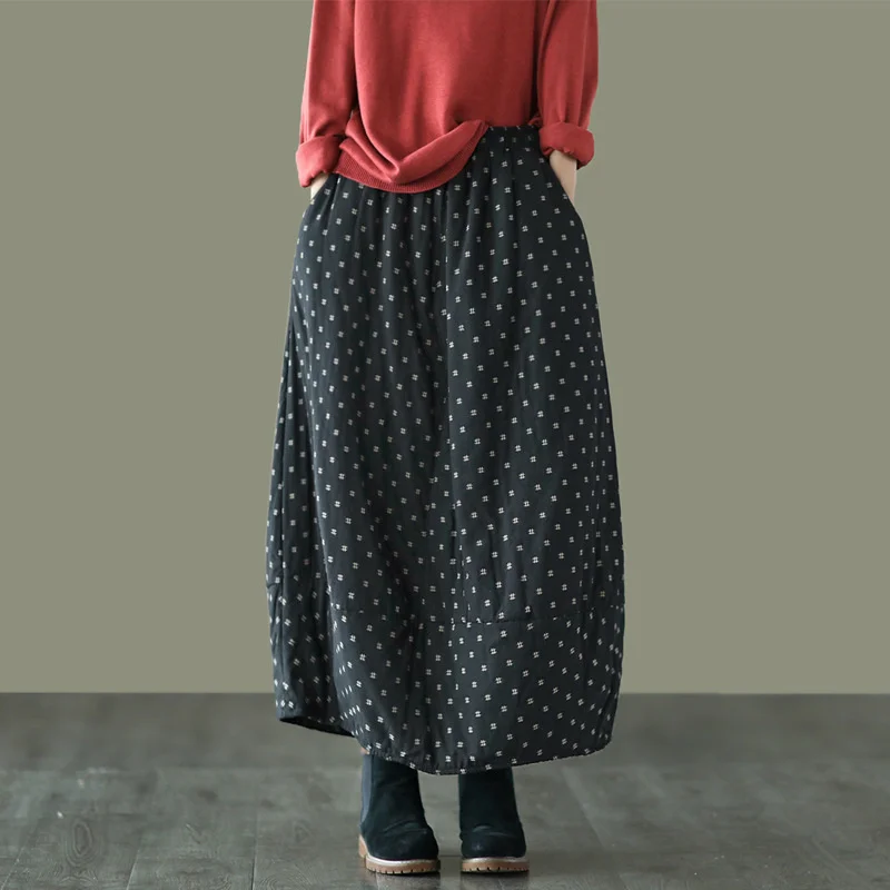 NINI WONDERLAND 2023 Autumn Winter Print Cotton Skirt Women Elastic Waist Thick Warm Long Skirts Female Loose Vintage Skirt