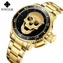 WWOOR Luxury Brand Gold Black Skull Men Watches with Stainless Steel Sports Waterproof Quartz Clocks Male Creative Wristwatches