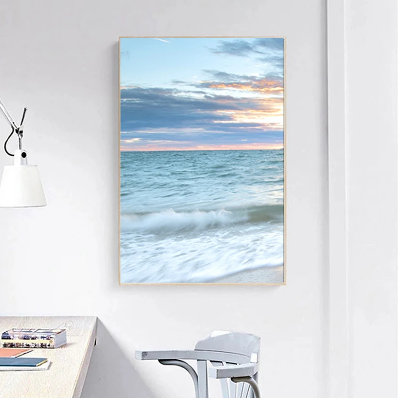 Blue Sea Landscape Sunrise Coastal Canvas Painting Poster Print  Waves and Beach Wall Art Picture Living Room Home Decor Cuadros