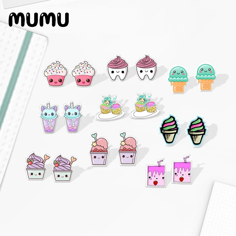 2020 New Lovely Food Stud Earring Cupcake Acrylic Earring ice cream Handmade Earrings Epoxy Printed Jewelry Children