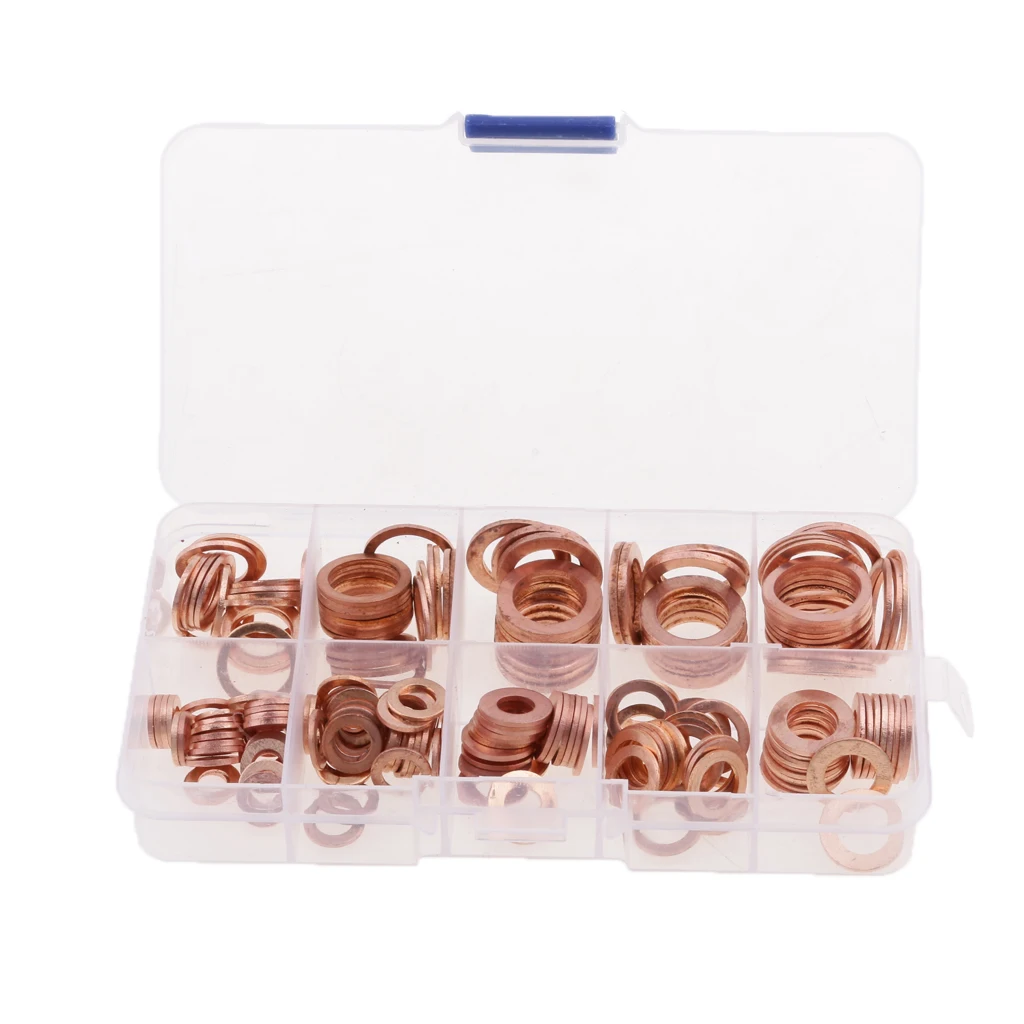 200Pcs Copper Washer Gasket Nut Bolt Set Flat Seal Sealing O ring Solid Gasket Assortment Kit Car Engine Oil Gasket Sump Plug