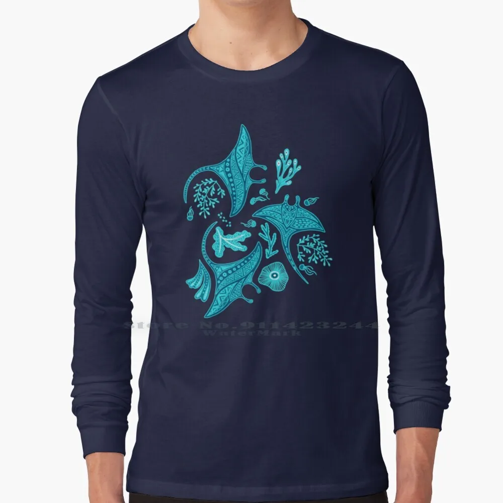 Song Of The Manta Rays 100% Cotton Long Sleeve T Shirt Hand Drawn Lagoon Teal Summer Sea Weed Jelly Fish Rays Ocean Limited