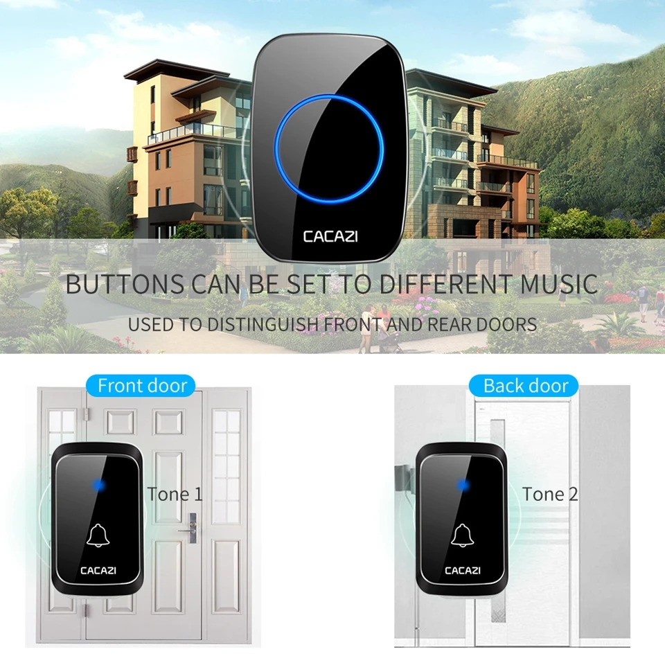 CACAZI Waterproof Wireless Doorbell 300M Remote LED Light Home Cordless Doorbell US EU UK Plug 58 Chime 2 3 4 Button 1 Receiver