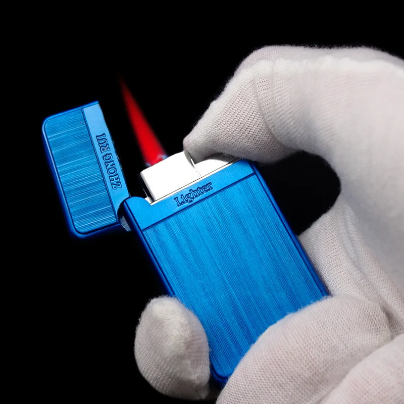 Briquet métallique coupe-vent rechargeable au Butane, torche à Jet de gaz, briquet à flamme rouge, Gadget pour hommes