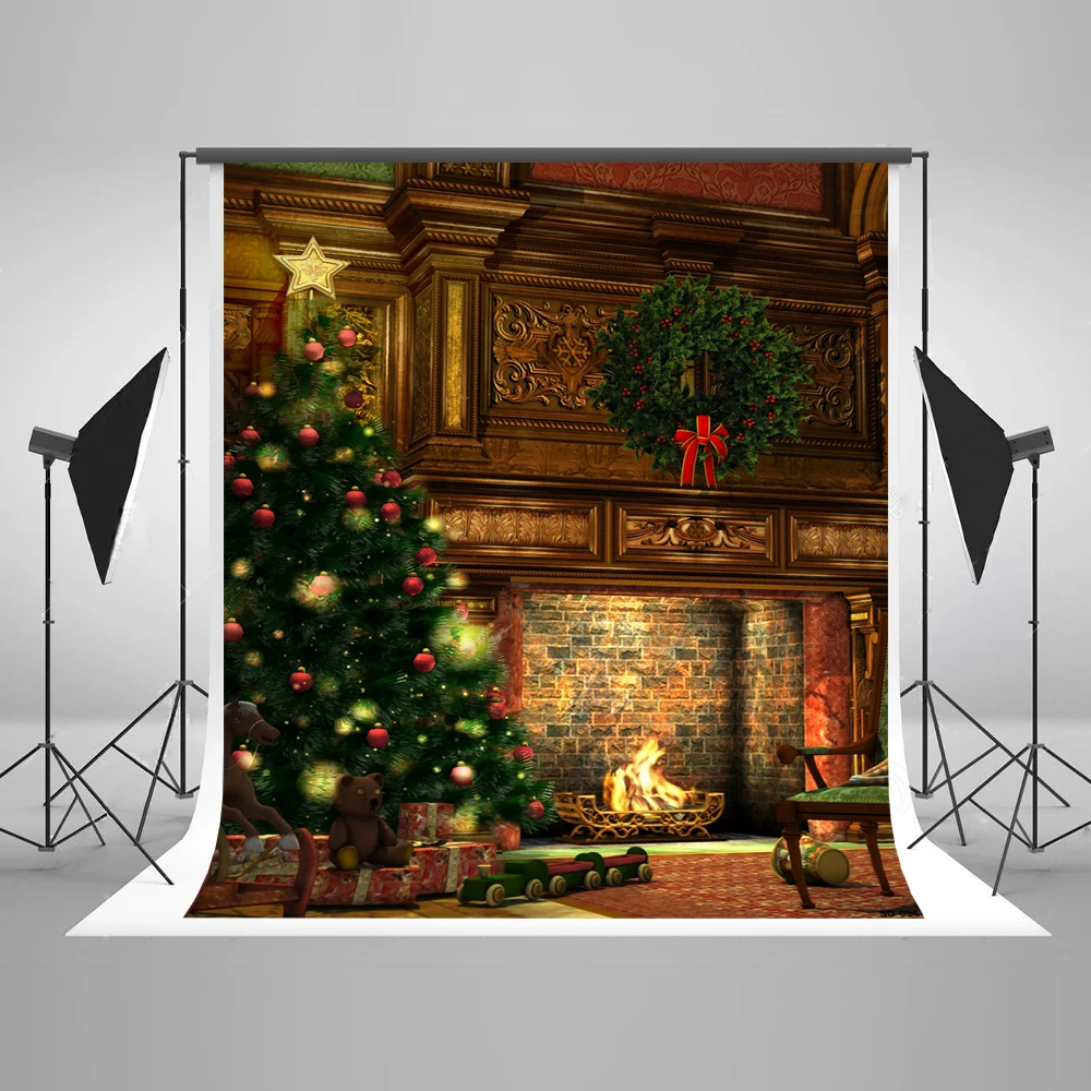 

VinylBDS 5x7ft(1.5x2.2m) Photography Background Christmas The Christmas Tree Toy Stove Photography Backdrops