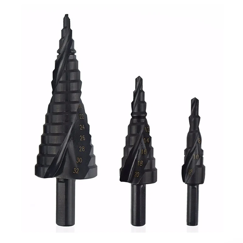 

HSS Cobalt Step Drills, Nitrogen High Speed Steel Spiral for Metal Cone Drill Bit Set, Triangle Shank, Hole Cutter