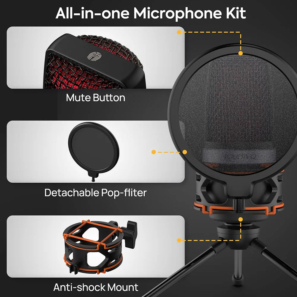 Microphone d'ordinateur à condensateur cardioïde USB, micro pour ordinateur de bureau, ordinateur portable avec filtre anti-pop, support antichoc anti-vibration, bouton muet